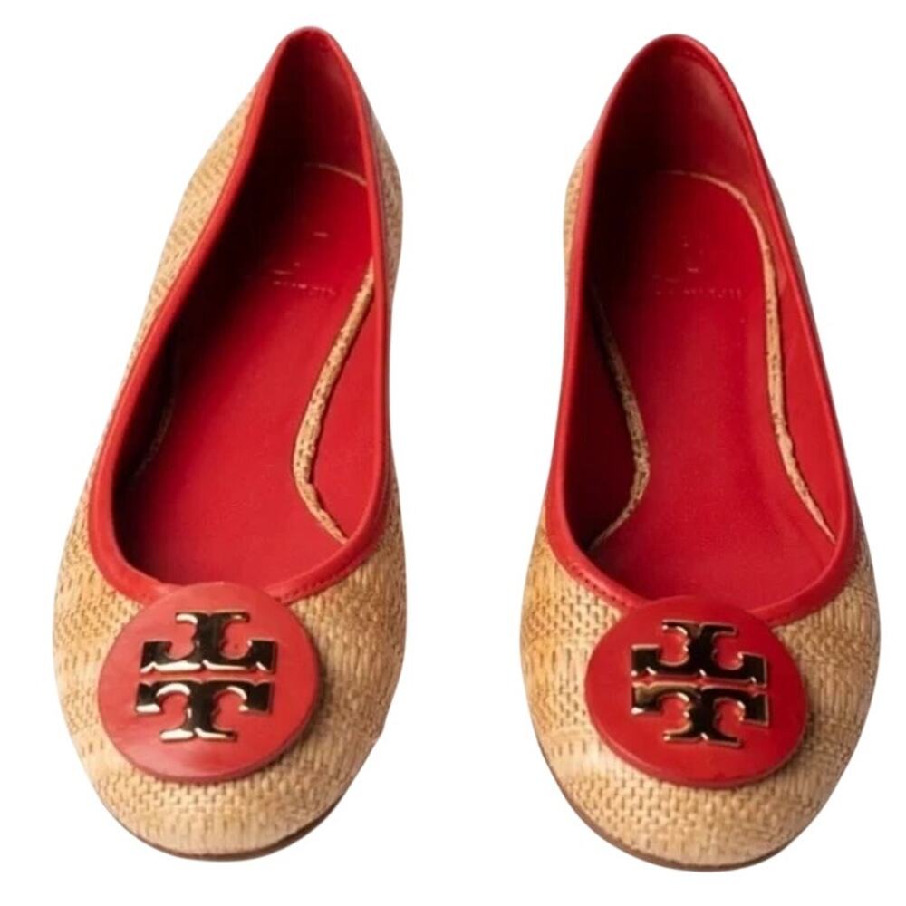 Tory Burch Reva Raffia Wedge Pumps 8M Straw Woven Red Logo Coastal Resort Shoes